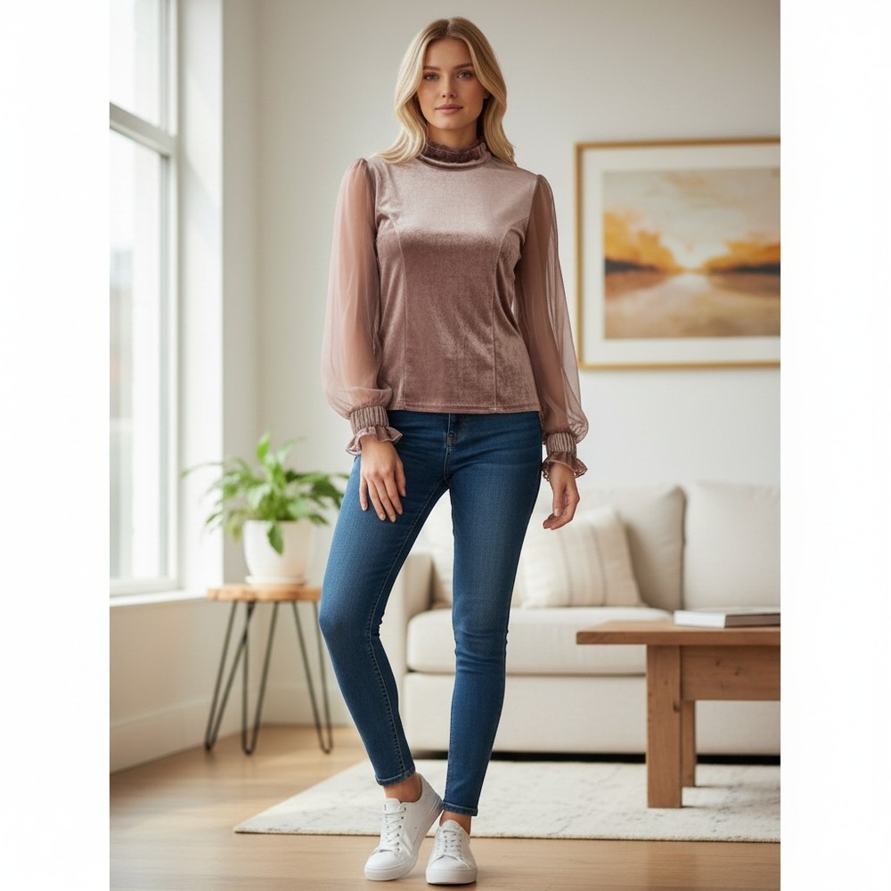 Futurino Mauve Velvet Mock Neck Sheer Mesh Sleeve Ruffle Cuff Women M Whimsigoth
